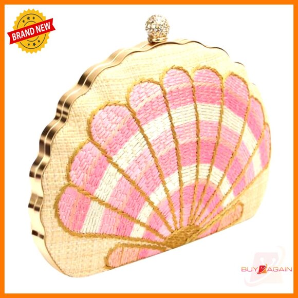 Straw Woven Clutch Purse with Shell Pattern, Chain Strap, Kiss Lock Closure - Picture 3 of 7